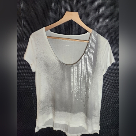 Calvin Klein Women's White and Gray Sequin Tee - Picture 1 of 5